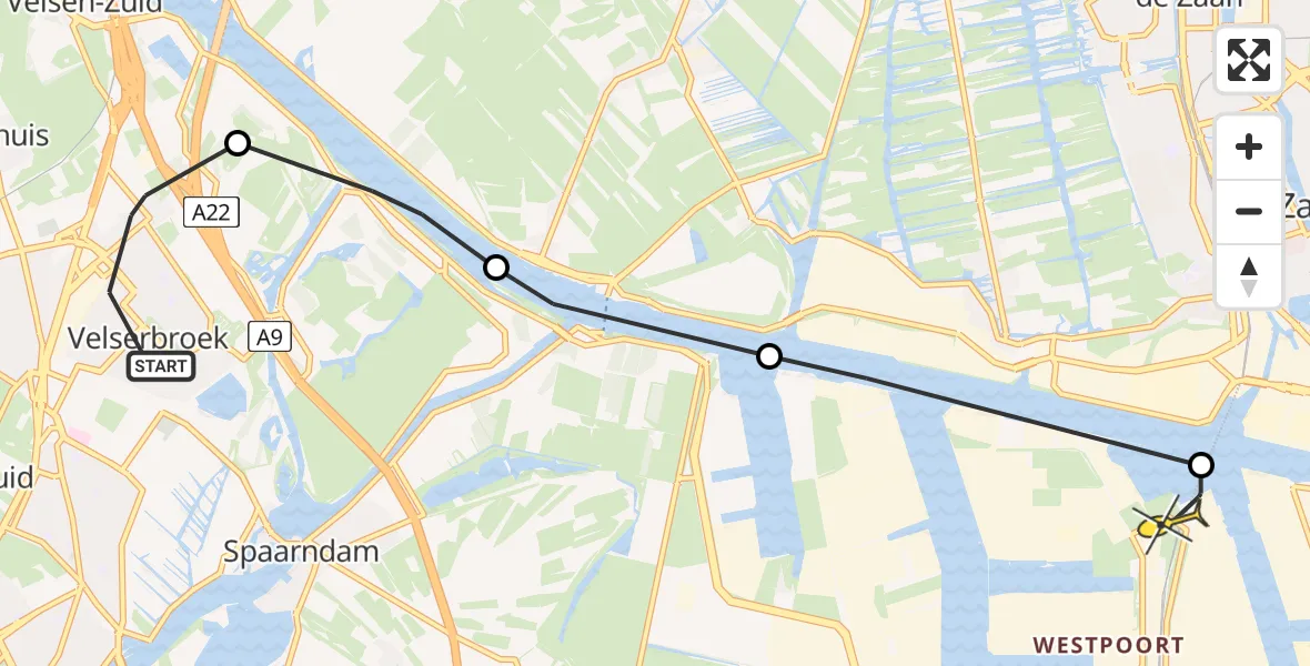 Routekaart van de vlucht: Lifeliner 1 naar Amsterdam Heliport, Hofgeesterweg