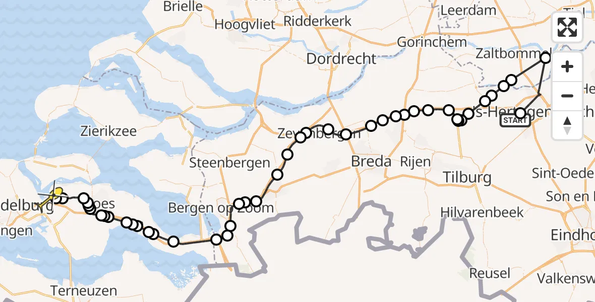 Routekaart van de vlucht: Politieheli naar Vliegveld Midden-Zeeland, Halvezolenlijntje