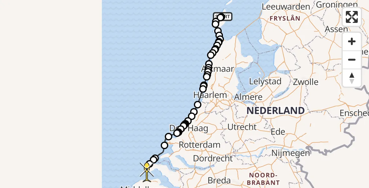Routekaart van de vlucht: Politiehelikopter naar Burgh-Haamstede, Postweg