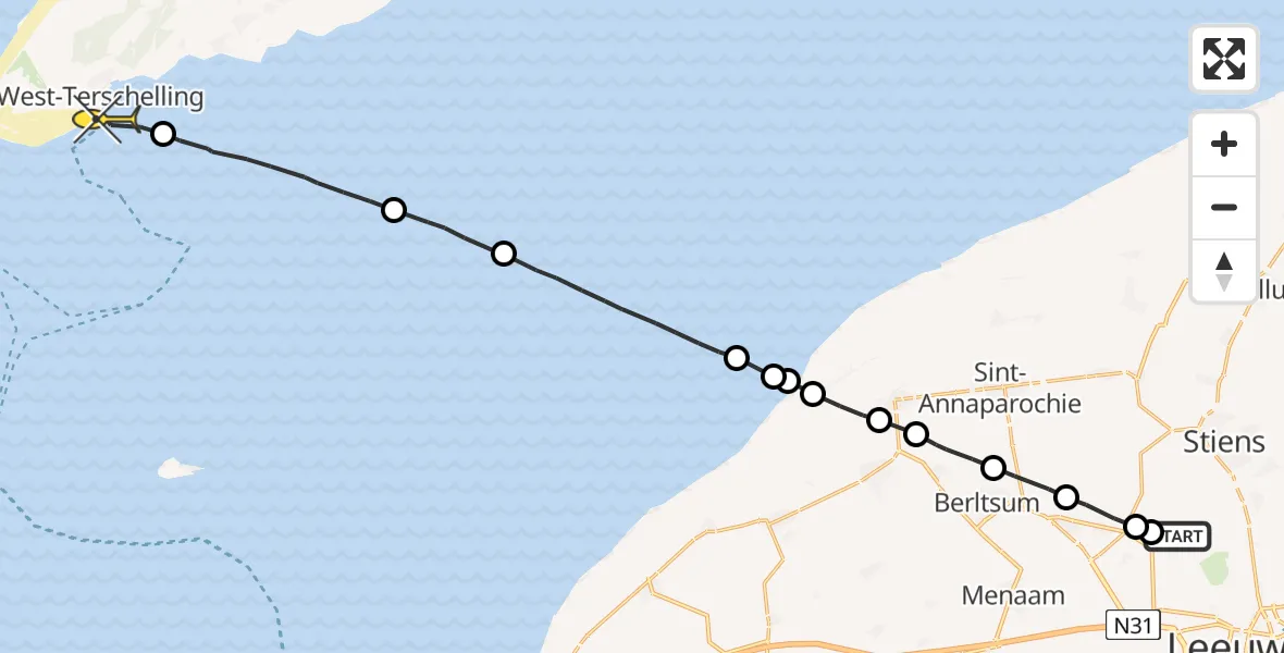 Routekaart van de vlucht: Ambulanceheli naar West-Terschelling, Dyksterhuzen