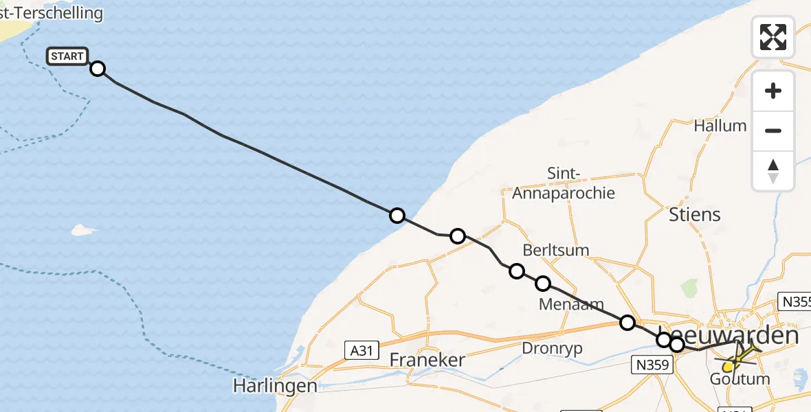 Routekaart van de vlucht: Ambulanceheli naar Leeuwarden, Aldlânsdyk