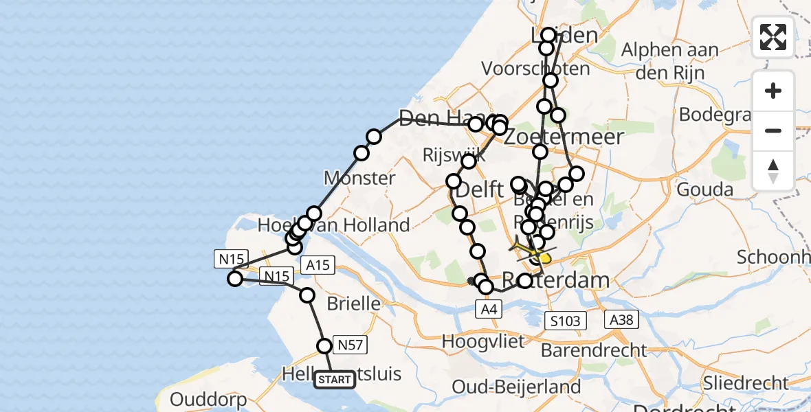 Routekaart van de vlucht: Politieheli naar Rotterdam The Hague Airport, Zwartedijk