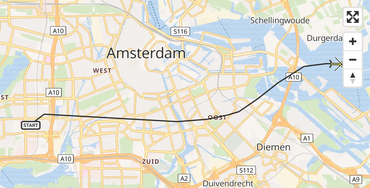 Routekaart van de vlucht: Politieheli naar Amsterdam, Amsteldijk