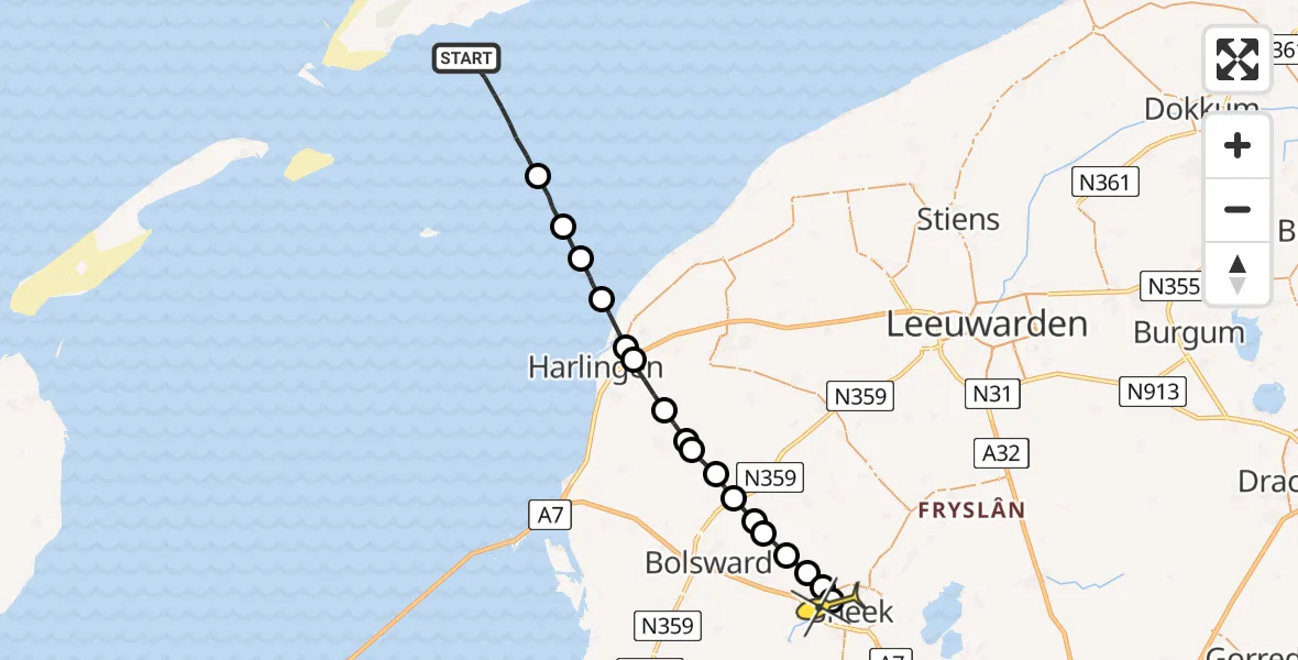 Routekaart van de vlucht: Ambulanceheli naar Sneek, Noord Meep