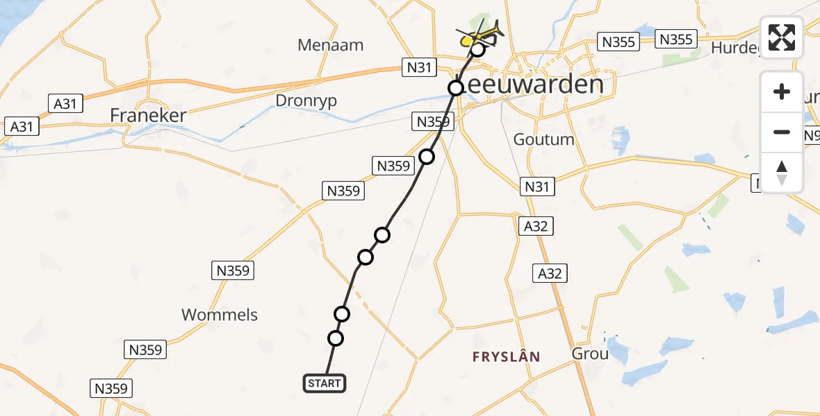 Routekaart van de vlucht: Ambulanceheli naar Vliegbasis Leeuwarden, Swarte Mole