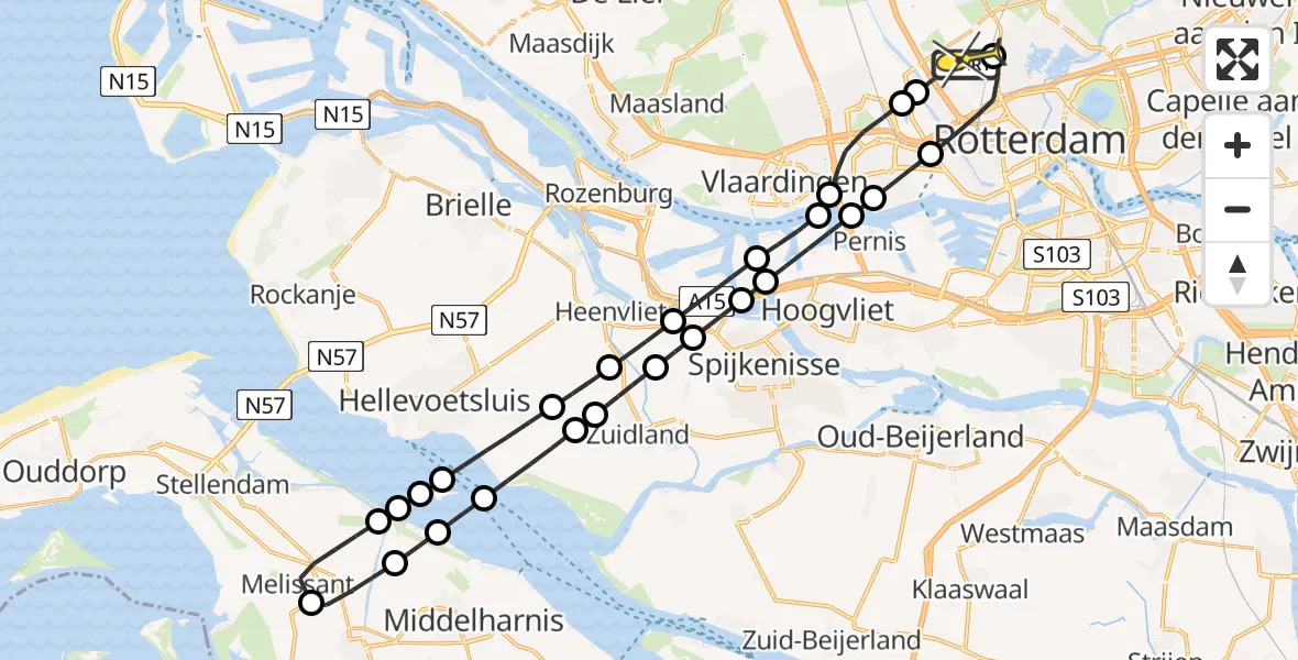 Routekaart van de vlucht: Lifeliner 2 naar Rotterdam The Hague Airport, Sidelingepadbrug