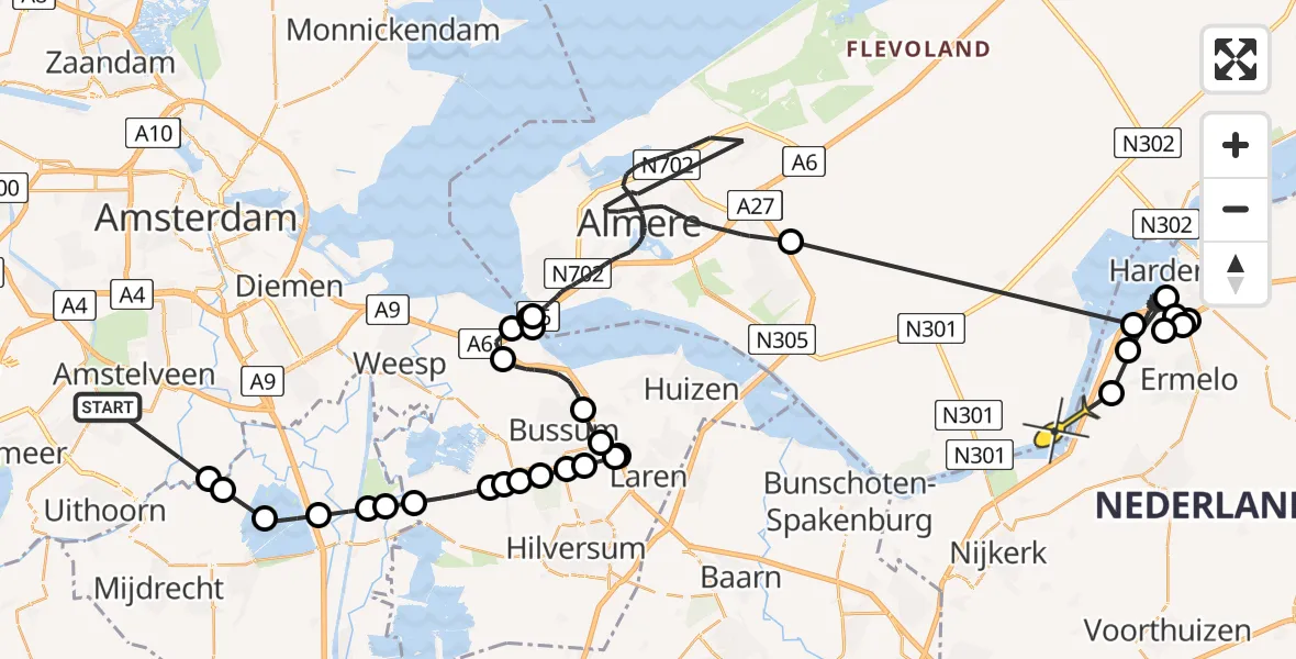 Routekaart van de vlucht: Politieheli naar Zeewolde, Middenweg Bovenkerker Polder