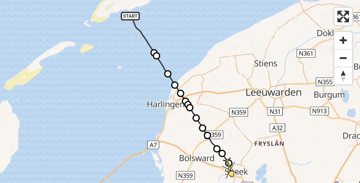 Routekaart van de vlucht: Ambulanceheli naar Ysbrechtum, Doarpshûsleane