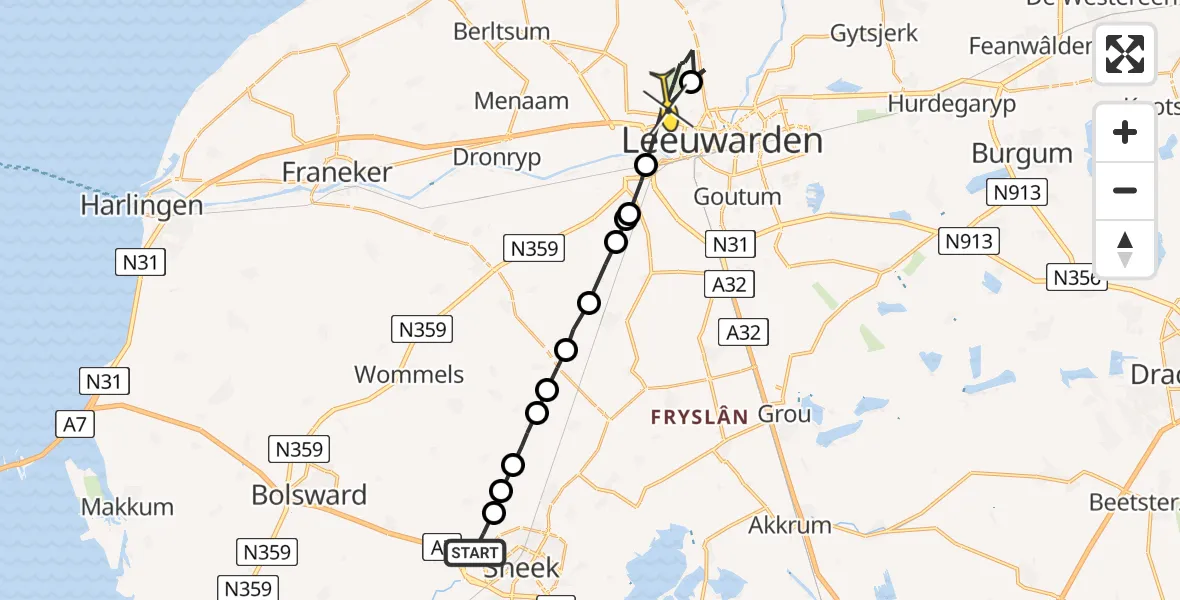 Routekaart van de vlucht: Ambulancehelikopter naar Vliegbasis Leeuwarden, Thaborwei