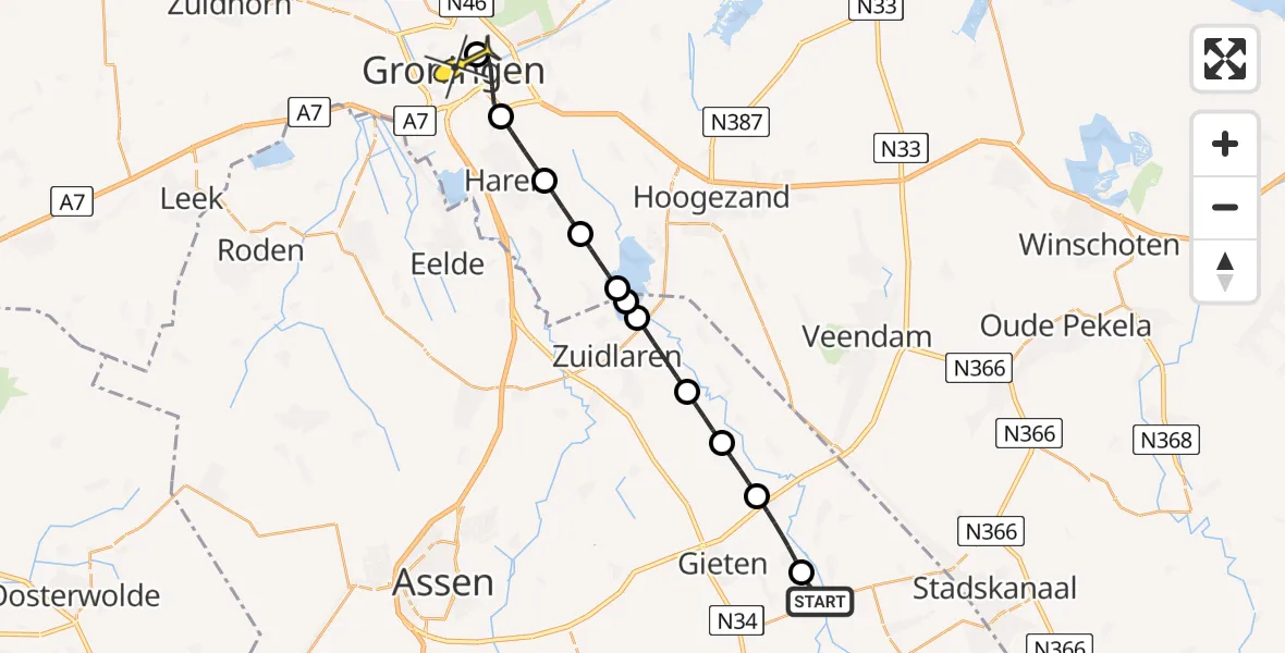 Routekaart van de vlucht: Lifeliner 4 naar Universitair Medisch Centrum Groningen, Noorderdwarsdijk