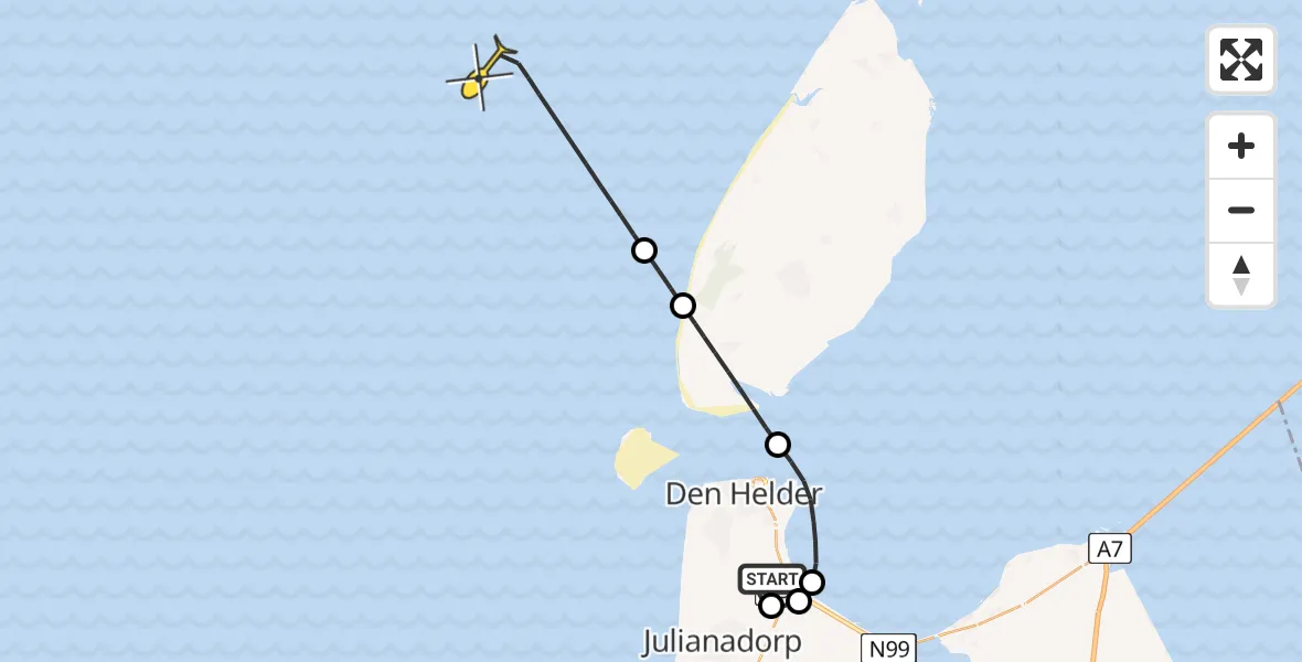 Routekaart van de vlucht: Kustwachthelikopter naar Middenvliet