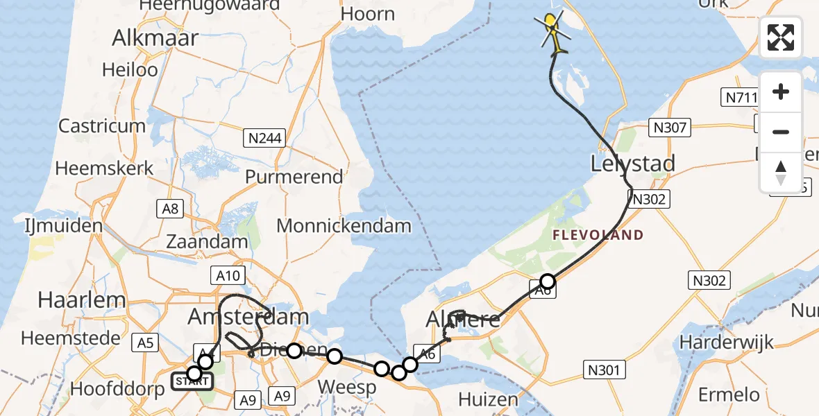 Routekaart van de vlucht: Politieheli naar Lelystad