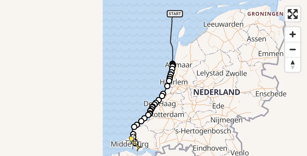Routekaart van de vlucht: Politiehelikopter naar Vliegveld Midden-Zeeland, Calandweg