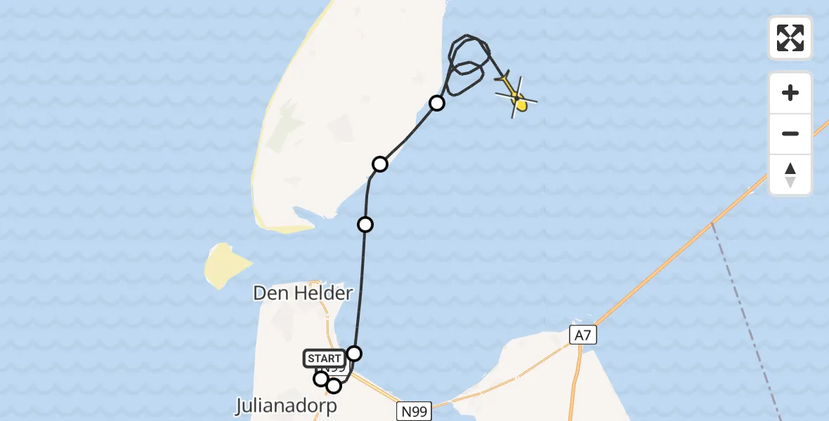 Routekaart van de vlucht: Kustwachthelikopter naar Oosterend, Mastenmakersweg