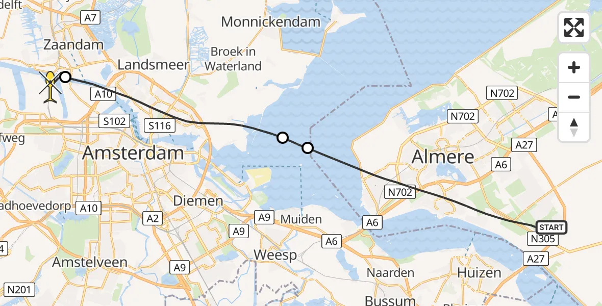 Routekaart van de vlucht: Lifeliner 1 naar Amsterdam Heliport, Kathedralenbos