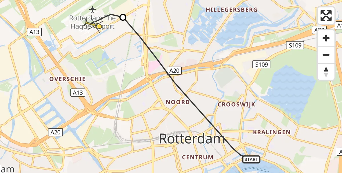 Routekaart van de vlucht: Politieheli naar Rotterdam The Hague Airport, Jonker Fransstraat