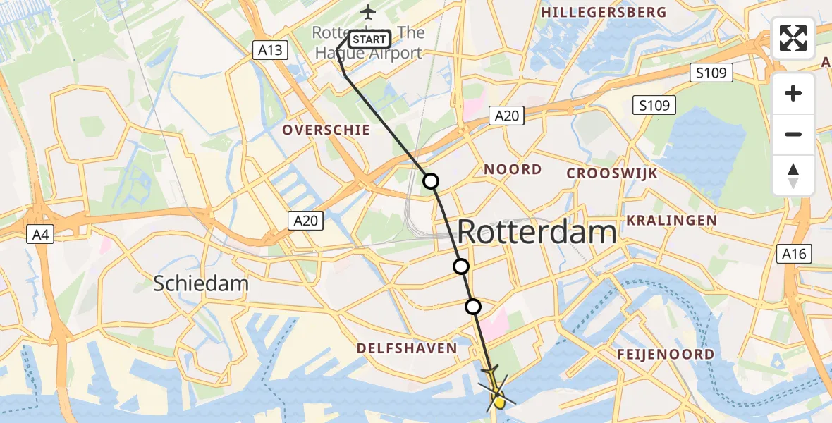 Routekaart van de vlucht: Politiehelikopter naar Erasmus MC, Tegelplaats