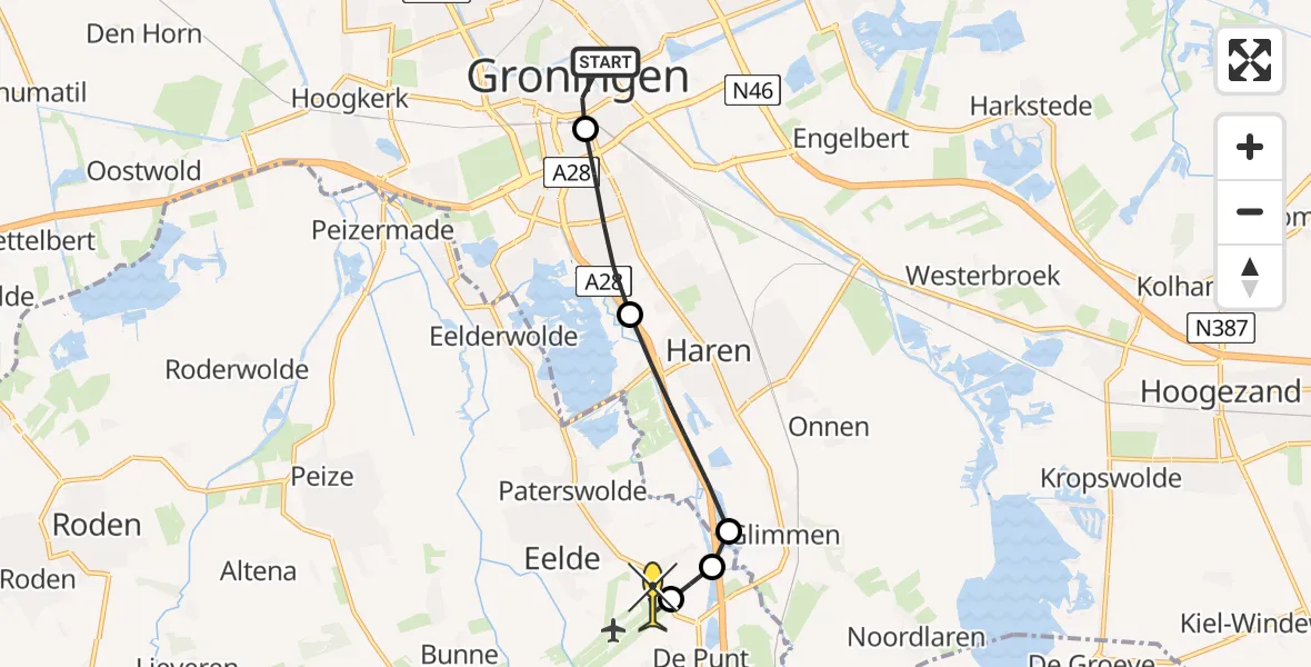 Routekaart van de vlucht: Lifeliner 4 naar Groningen Airport Eelde, 1e Drift Ged. Zuiderdiep