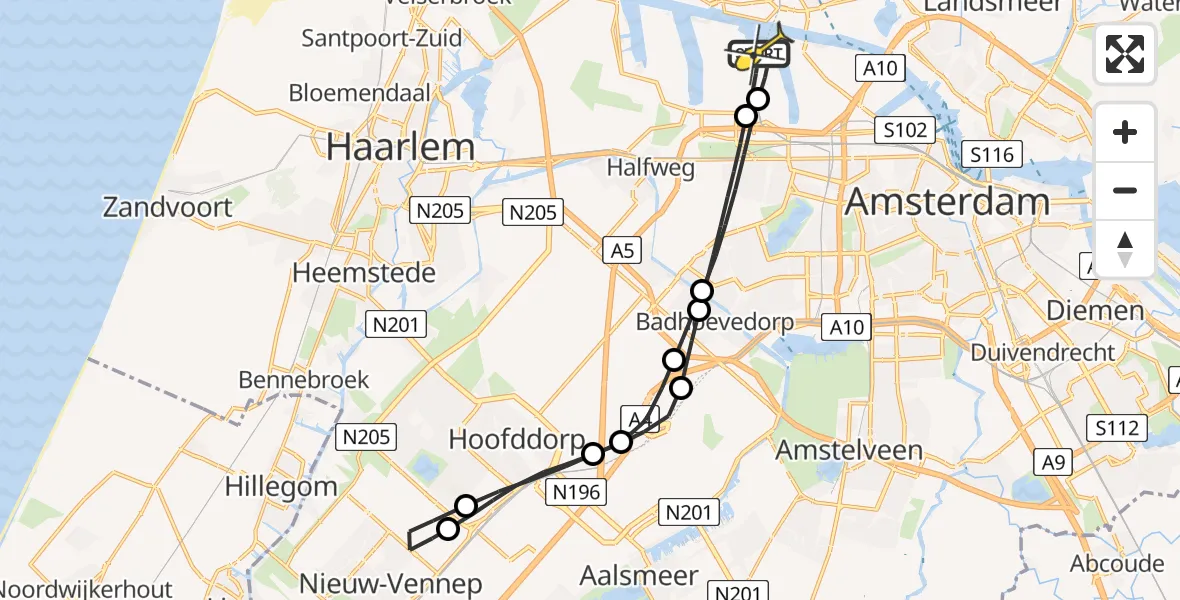 Vluchtroute Traumahelikopter van Amsterdam Heliport naar Amsterdam Heliport