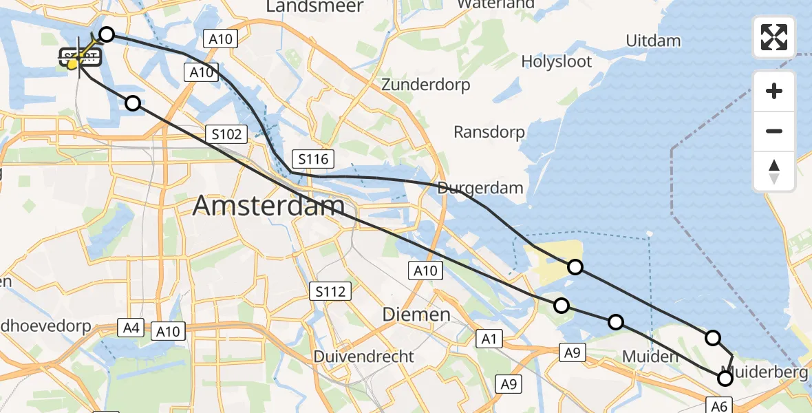 Vluchtroute Traumahelikopter van Amsterdam Heliport naar Amsterdam Heliport