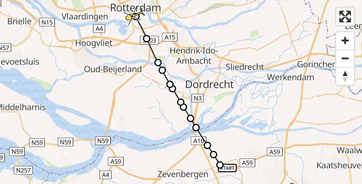 Routekaart van de vlucht: Lifeliner 2 naar Erasmus MC, De Wetering