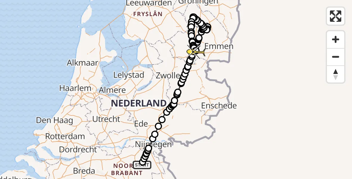Routekaart van de vlucht: Politiehelikopter naar Vliegveld Hoogeveen, zeelandsedijk