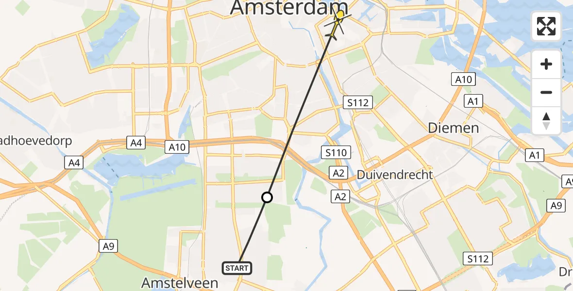 Routekaart van de vlucht: Politiehelikopter naar Amsterdam, Prof. W.H. Keesomlaan