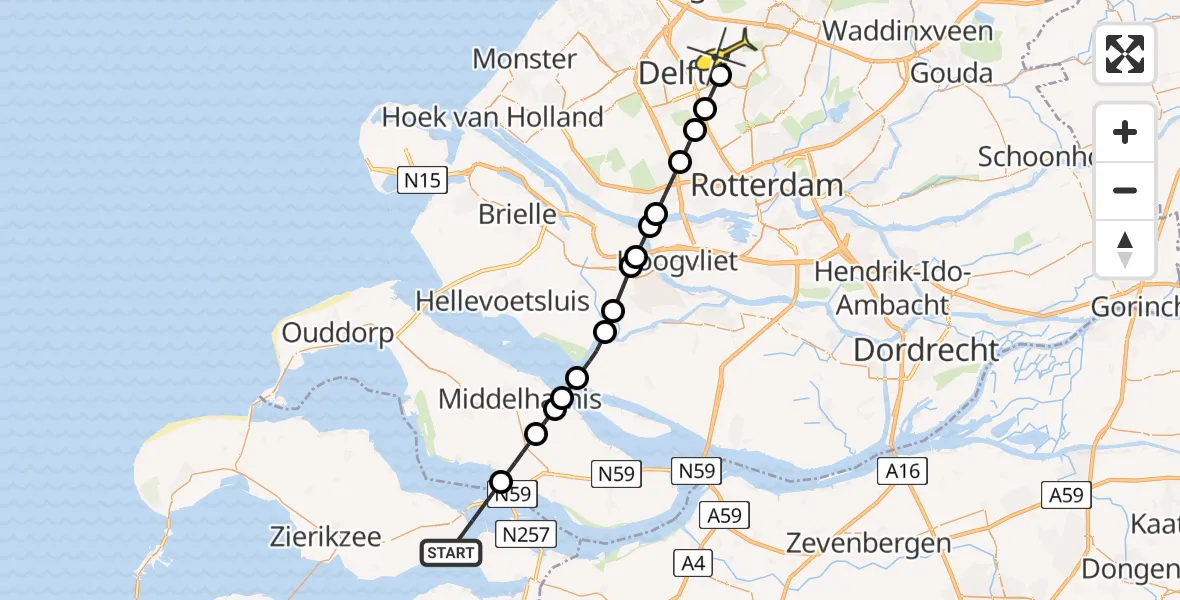 Routekaart van de vlucht: Lifeliner 2 naar Pijnacker, Zuid-Grevelingen