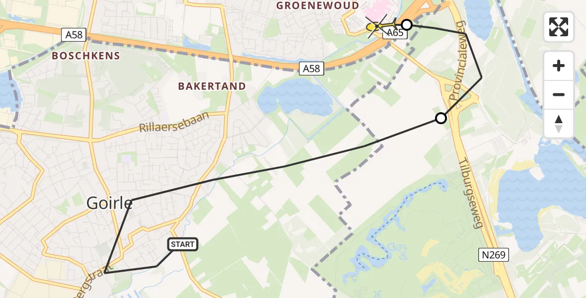 Routekaart van de vlucht: Lifeliner 3 naar Tilburg, Margrietstraat