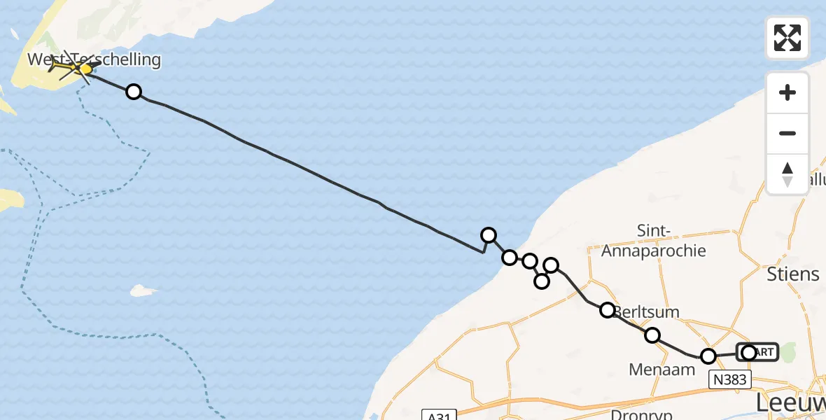 Routekaart van de vlucht: Ambulanceheli naar West-Terschelling, Bitgumer Feart