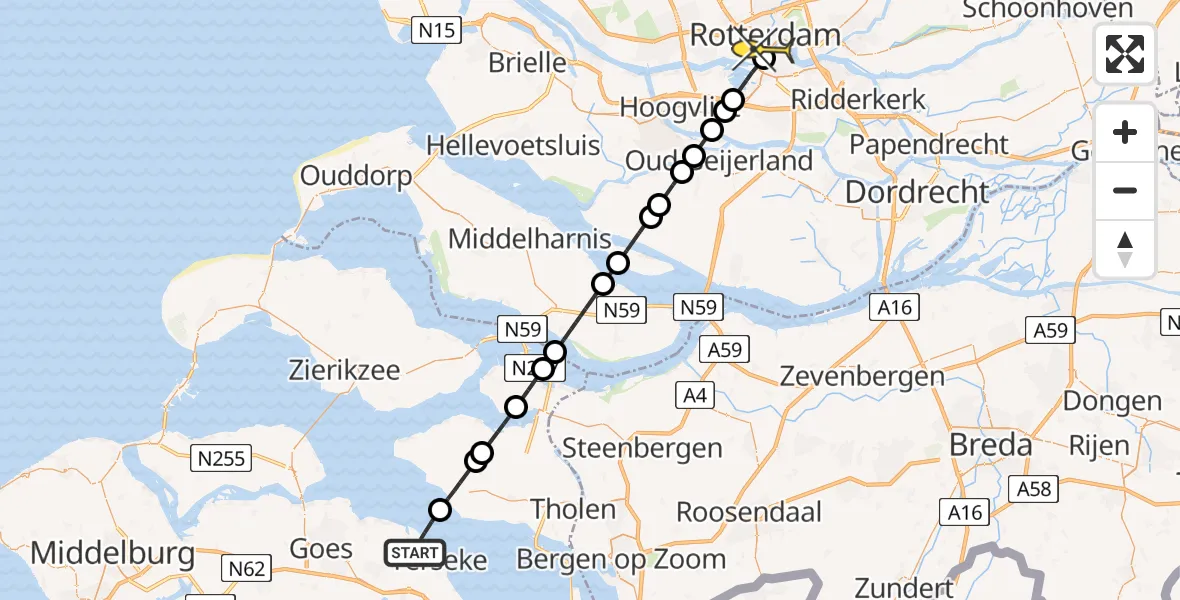 Routekaart van de vlucht: Lifeliner 1 naar Erasmus MC, Breedsendijk