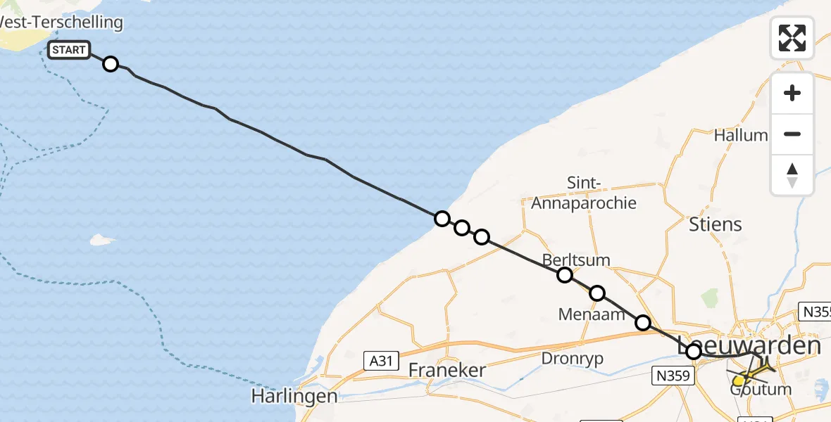 Routekaart van de vlucht: Ambulanceheli naar Leeuwarden, Oosterom