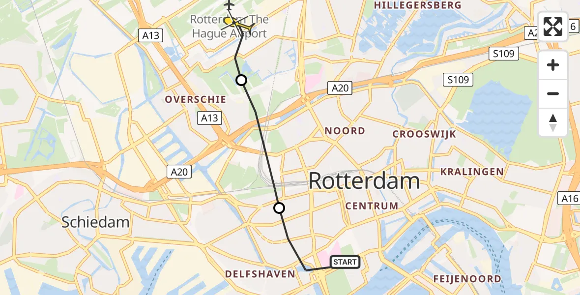 Routekaart van de vlucht: Lifeliner 1 naar Rotterdam The Hague Airport, Mathenesserlaan