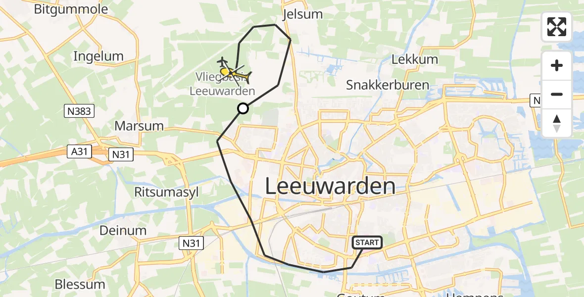 Routekaart van de vlucht: Ambulancehelikopter naar Vliegbasis Leeuwarden, Nijlânsdyk