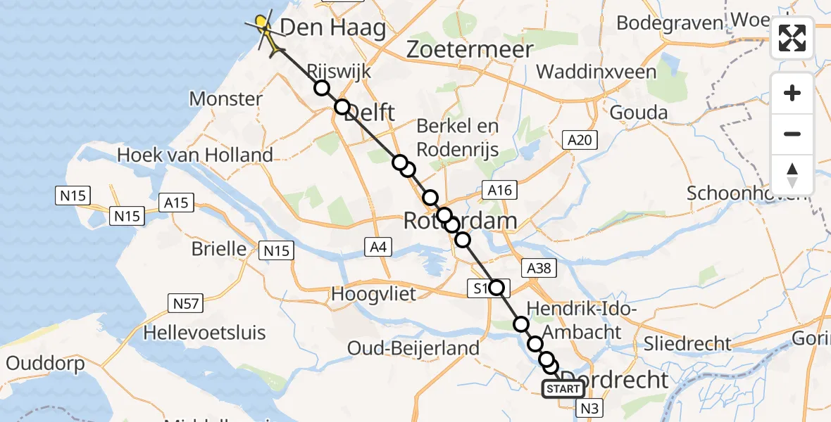 Routekaart van de vlucht: Lifeliner 2 naar Den Haag, Zuiddiep