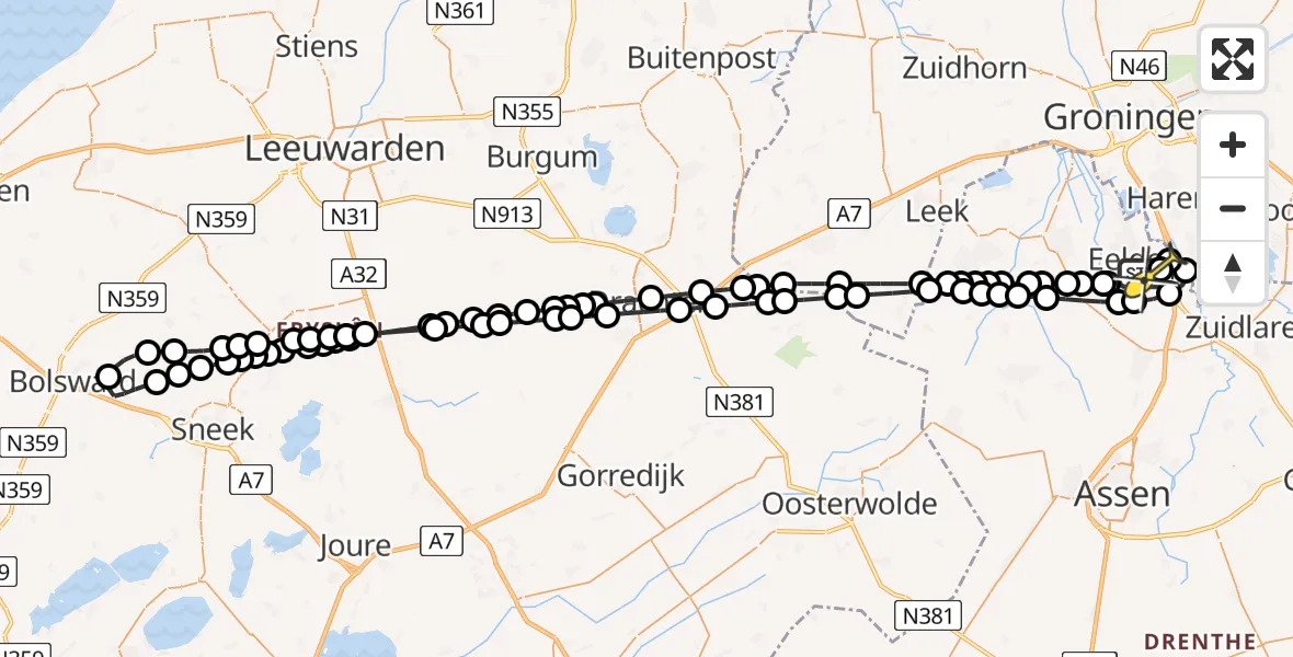 Routekaart van de vlucht: Lifeliner 4 naar Groningen Airport Eelde, Veldkampweg