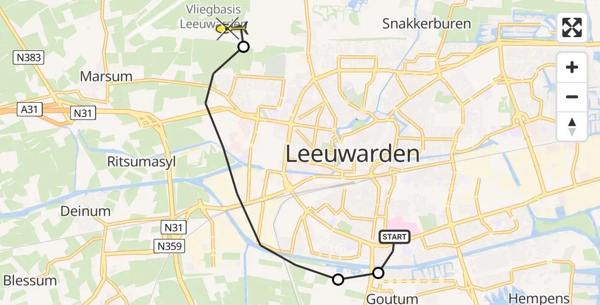 Routekaart van de vlucht: Ambulancehelikopter naar Vliegbasis Leeuwarden, Nijlânsfeart