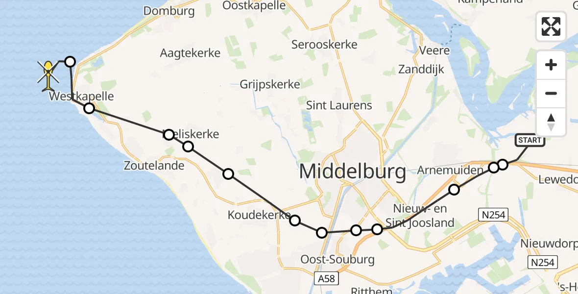 Routekaart van de vlucht: Kustwachthelikopter naar Vlissingen, Postweg