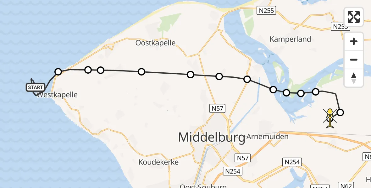 Routekaart van de vlucht: Kustwachthelikopter naar Vliegveld Midden-Zeeland, Oostgat