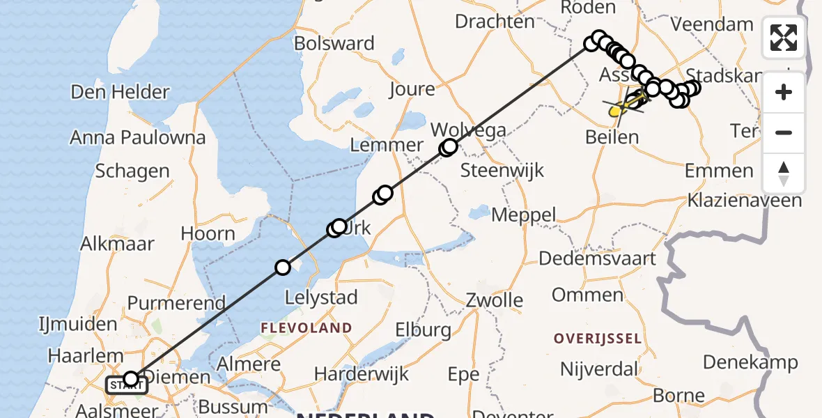 Routekaart van de vlucht: Politieheli naar Hooghalen, Egelantierstraat