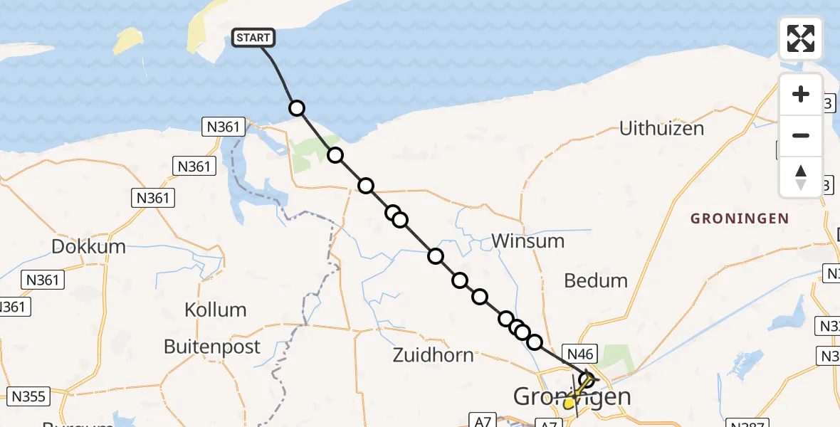 Routekaart van de vlucht: Lifeliner 4 naar Universitair Medisch Centrum Groningen, Veerdam