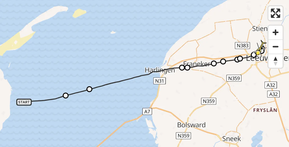 Routekaart van de vlucht: Ambulancehelikopter naar Vliegbasis Leeuwarden, Keegsdijkje