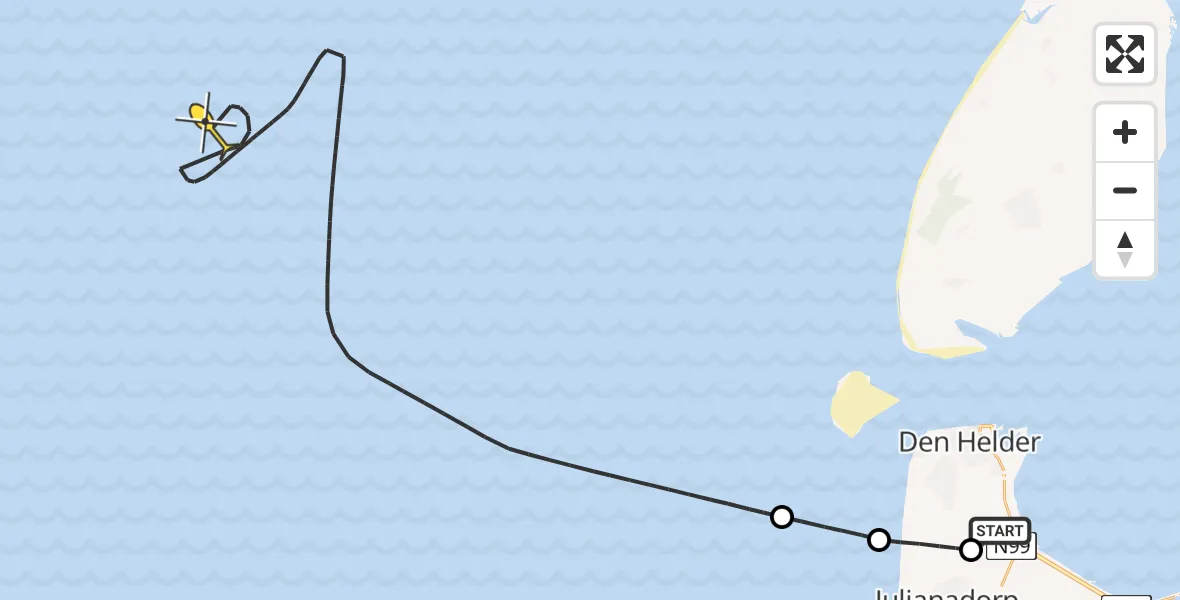 Routekaart van de vlucht: Kustwachthelikopter naar Middenvliet