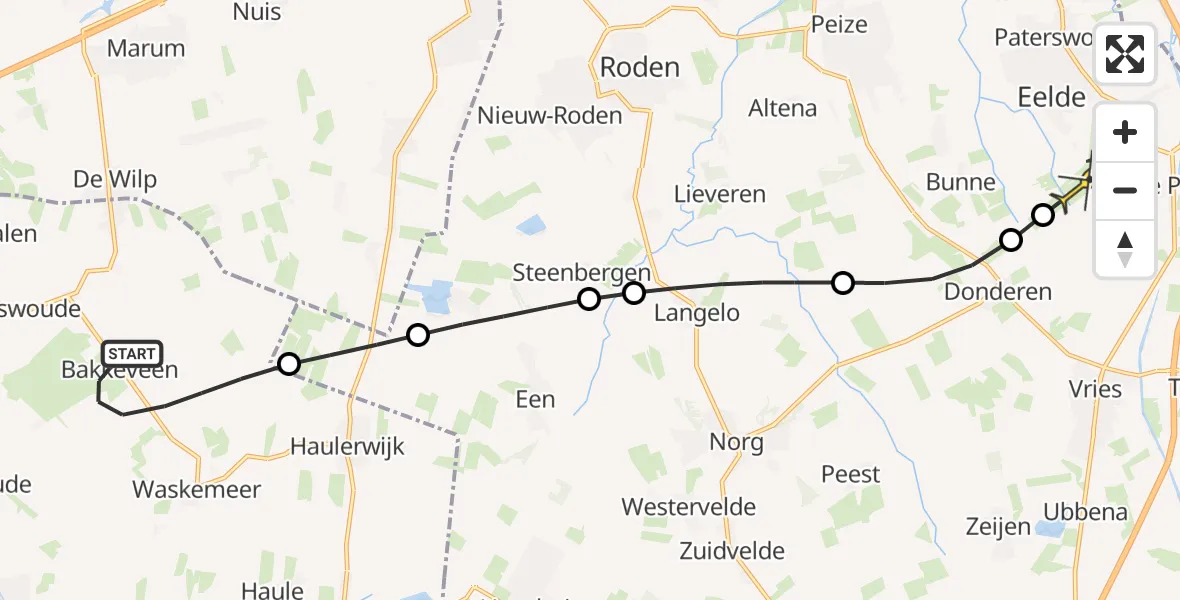 Routekaart van de vlucht: Lifeliner 4 naar Groningen Airport Eelde, Duerswâldmer Wei