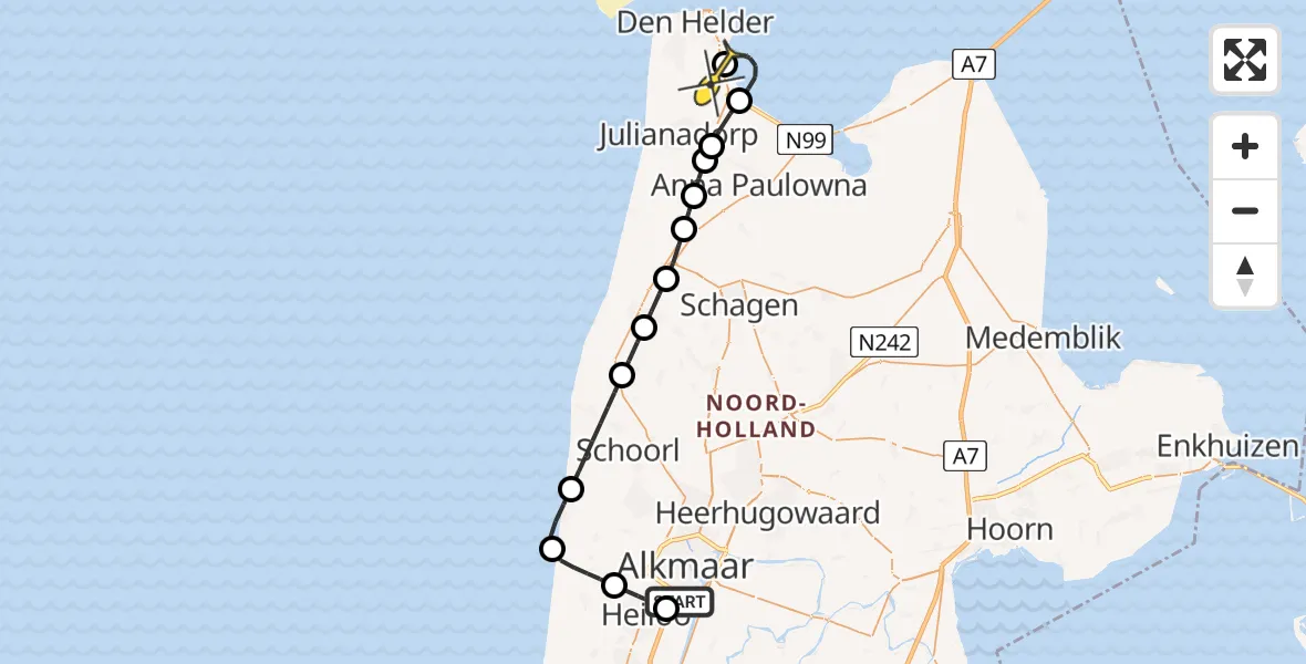 Routekaart van de vlucht: Kustwachthelikopter naar Vliegveld De Kooy, Knooppunt Kooimeer