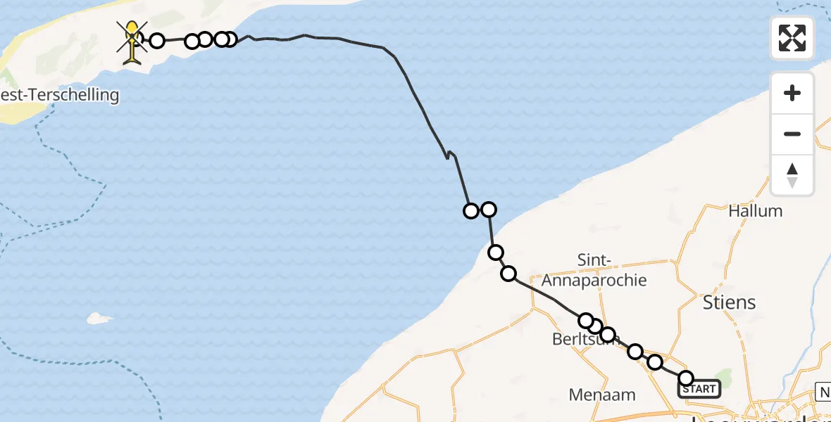 Routekaart van de vlucht: Ambulancehelikopter naar Midsland, Harnedyk