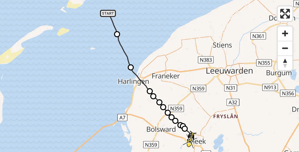 Routekaart van de vlucht: Ambulanceheli naar Sneek, Stadsrondweg-Noord