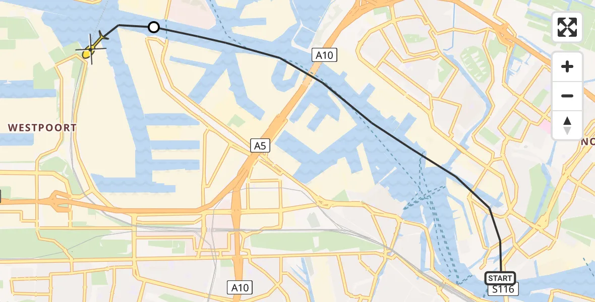 Routekaart van de vlucht: Lifeliner 1 naar Amsterdam Heliport, Hollandia Kattenburgpad