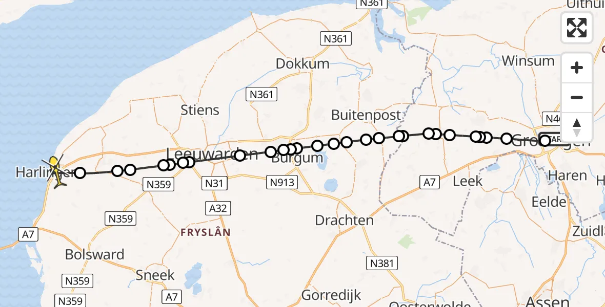 Routekaart van de vlucht: Lifeliner 4 naar Harlingen, Kraneweg