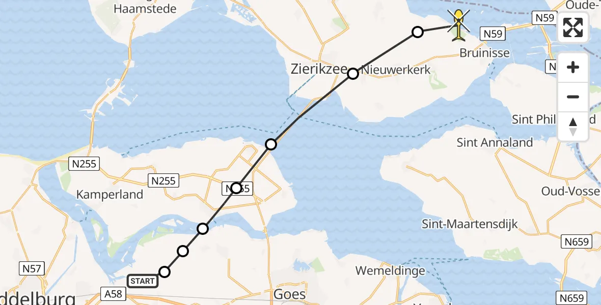 Routekaart van de vlucht: Kustwachthelikopter naar Bruinisse, Meerkoetweg